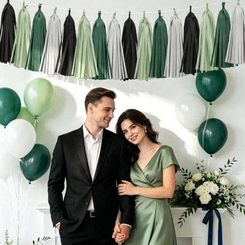 Image of Black Sage Green Tassel Garland for Wedding, Birthday Decorations, 20pcs