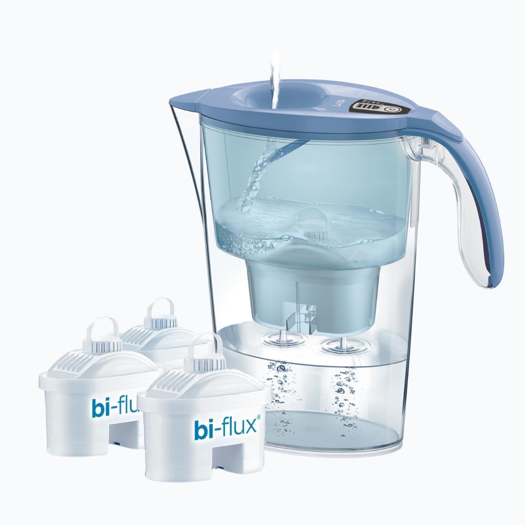 LAICA Jarra filtrante Stream Line de 2,3 l, color azul - Incluye 3 filtros Bi-Flux - Conserva las sales minerales y reduce las sustancias no deseadas - Temporizador digital - Fabricada en Italia.