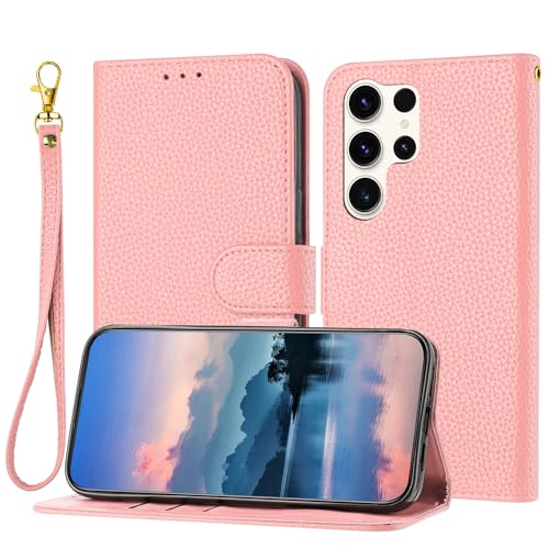 Étui portefeuille Galaxy S24 Ultra avec porte-cartes et béquille intégrée TPU antichoc rose