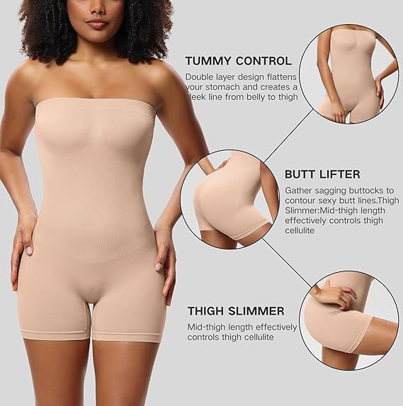 Image of Women's Seamless Tummy Control Shapewear Bodysuit with Adjustable Straps | Slimming Full Body Shaper with Shorts | Body Compression for Under Dresses (Pack of 2)