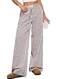 ANRABESS Womens Striped Gingham Pants 2025 Pajama Lounge Boxer Pants Cute PJ Bottoms Casual Wide Leg Trousers with Pockets Brown White Plaid Small