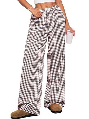 ANRABESS Womens Striped Gingham Pants 2025 Pajama Lounge Boxer Pants Cute Comfy PJ Bottoms with Pockets Y2K Plaid Outfits Brown White Plaid Large