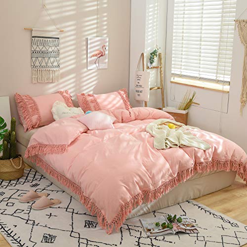 Softta Ruffle Bedding Full Duvet Cover 3 Pcs Bohemian Duvet Covers Tassel Girls Bedding 100% Washed Cotton Pink With Zipper Ties #TOP1