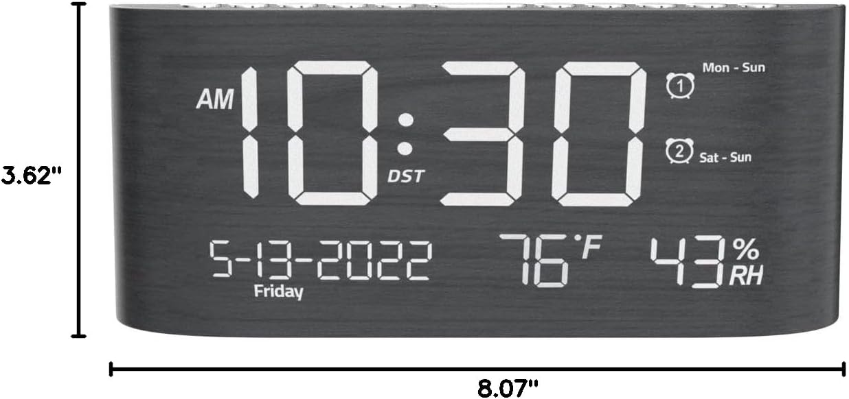 Mesqool Digital Alarm Clock with dimensions labeled: 8.07 inches width and 3.62 inches height.