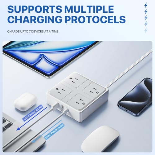 Flat Plug Power Bar with USB C, 4FT Ultra-Thin Extension Cord, 2 Outlet with 3 USB Ports (2 USB C), No Surge Protection for Cruise Ship, Travel Essentials, Dorm Room (4 Outlets Whi image 6