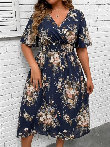 Image of Floerns Women's Plus Size Boho Hawaiian Tropical Dresses V Neck Short Sleeve Floral A Line Long Dress Vacation Beach Outfits