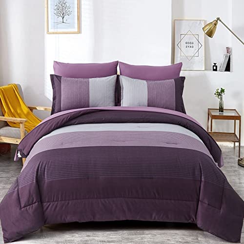 WONGS BEDDING Purple Comforter Set Full, Reversible Purple Patchwork Striped Down Alternative Comforter Set for Full Bed,3 Pieces(1 Comforter+2 Pillowcases), Soft Microfiber Bedding Set 78”×90”