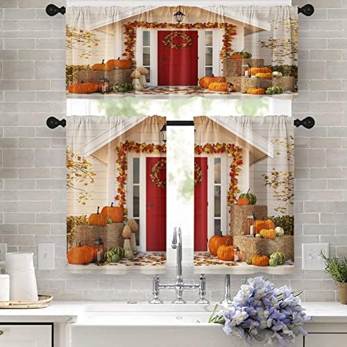 Fall Kitchen Curtains 3-Piece Set With Gnomes & Pumpkins - 54x36 Inch Tiered Valance