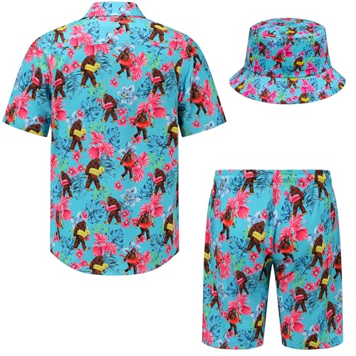 Mens Hawaiian Shirts and Shorts Set 2 Pieces Beach Outfits Summer Vacation Tropical Suit with Bucket Hats2