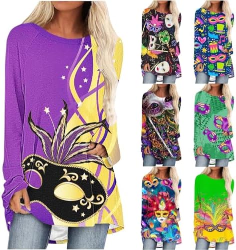 Mardi Gras T-Shirts for Women Mask Graphic Long Sleeve Tops Carnival Party Tees Round Neck Trendy Mardi Gras Blouse