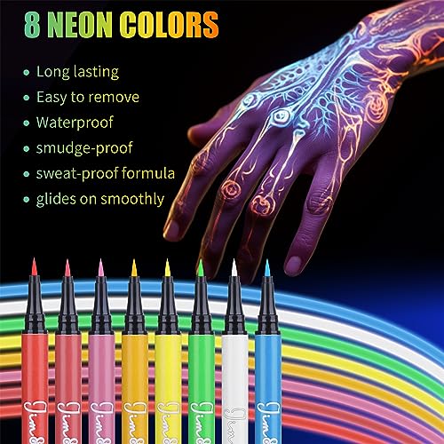 Jim&Gloria MULTICOLOR Water-Resistant Face Paint Pen Glow In The Dark Under Uv Light 8 Neon Rainbow Colors Smudge Proof Waterproof Body Painting Kit thumb #3