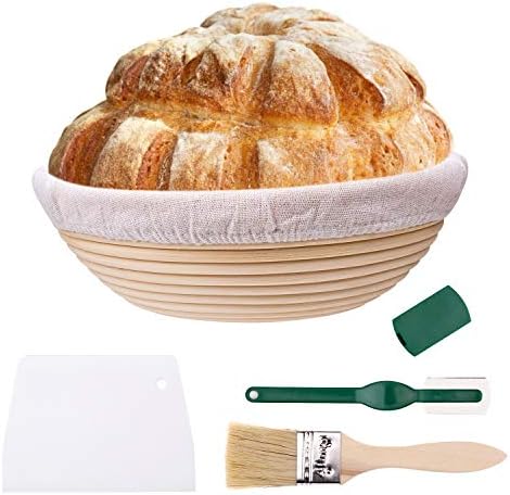 Banneton Proofing Basket 9 Inch Large Round Bread Proofing Basket Natural Rattan Bowl for Home Bakers, with Cloth Liner, Scraper, Bread Lame, Bristle Brush