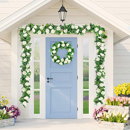 Eplst 2 Pack / 15.7 Ft Flower Garland Fake Flower Rose Vine Lifelike Silk Decorative Wall Hanging Plant For Wedding Arch Door Arrangement Party Garden Home Bedroom Office Decoration White #TOP6