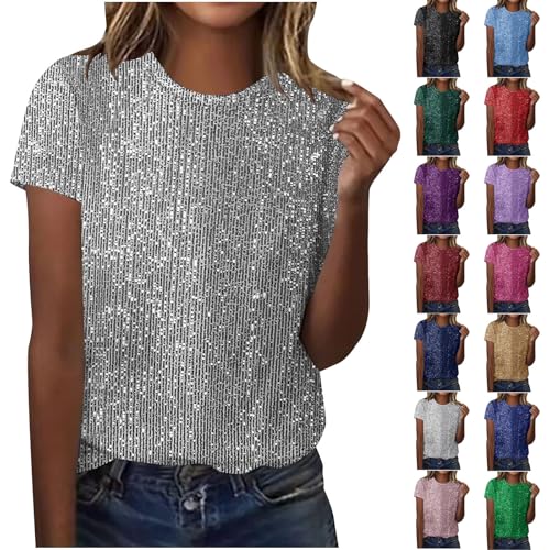 Glitzer T-Shirt Damen Pailletten Druck Bluse Modisches Pullover Glitzer Print Oberteile Rundhals Tunika Tops Kurzarm Shirt Farbverlauf Pulli Locker Atmungsaktiv Streetwear Karneval Kleidung
