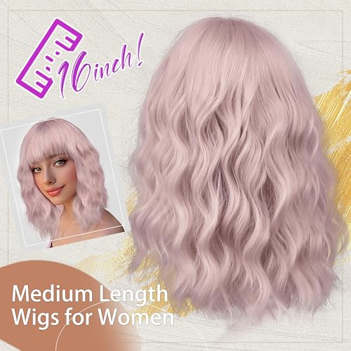 Image of Nnzes Short Wavy Bob Wig with Bangs for Women Shoulder Length Curly Light Pink Synthetic Heat-Resistant Fiber Hair for Daily & Party Use