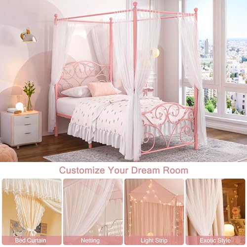 Image of VECELO Metal Canopy Bed Frame Twin Size, 4 Posters Platform Mattress Foundation with Headboard, Heavy Duty Steel Slats Support, No Box Spring Needed, Pink