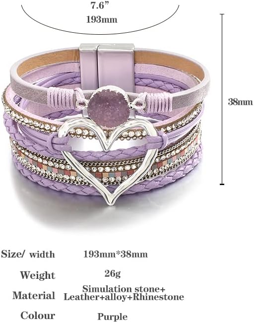 Leather Wrap Bracelet for Women Beaded Cuff Bracelet with Heart-shape Decor Bohemian Crystal Bracelet Jewelry with Clasp Bangle Bracelet for Women Girls Birthday Holiday Gift - Image 2