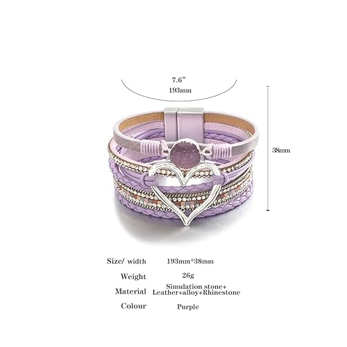 Hotoo Leather Wrap Bracelet For Women Purple Beaded Cuff Bracelet With Heart-Shape Decor Bohemian Crystal Bracelet Jewelry With Clasp Bangle Bracelet For Women Girls Birthday Holiday Gift #TOP1
