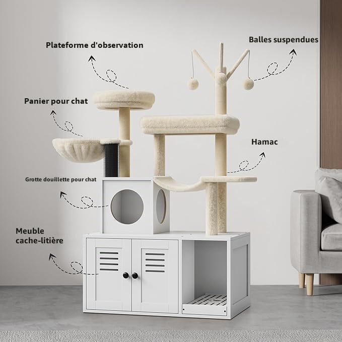 Arbre à Chat avec Meuble Litiere Chat, 140cm Armoire Litiere pour Chat, Niche,Tour de Jeu, Griffoir avec Maison de Toilette, 2 Grandes Plateformes, Balles Suspendues, Blanc