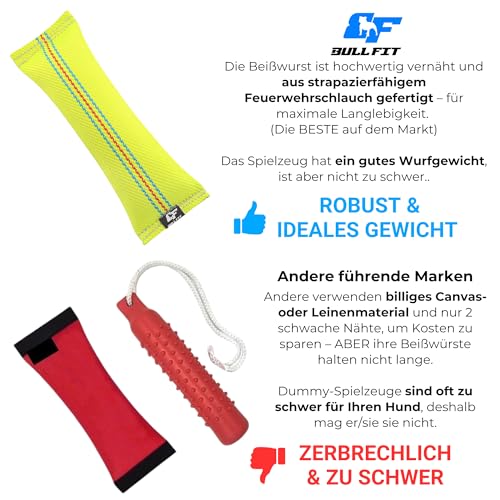 Bull Fit 2in1 Apportierdummy und Beisswurst für Hunde, Schwimmfähig - Robuster Dummy zum Hundetraining, Apportieren und Zerrspiele mit Hund - Wasserspielzeug aus hochwertigem Feuerwehrschlauch
