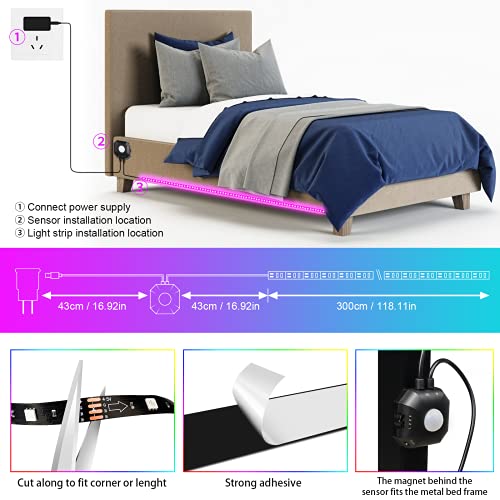 Luces LED RGB con Sensor para Debajo de la Cama 2 Sets 9.84ft miniatura 4