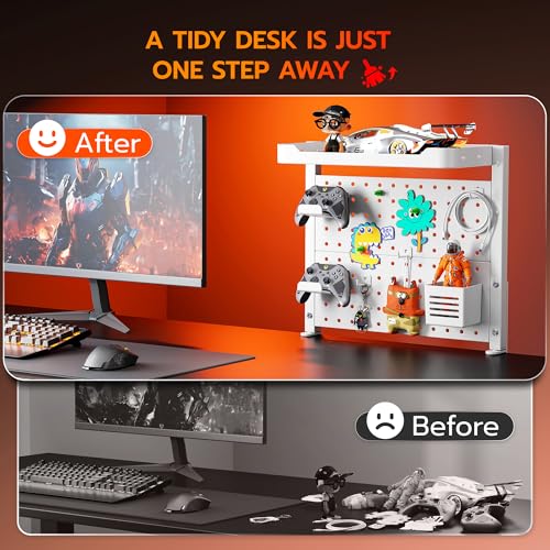 Image of ARES WING Desk Clamp On Pegboard with 16 inches Organizer Shelf, Adjustable Above or Under Desk Storage Shelf Holds 44 lbs, Magnetic Metal Peg Board for Office and Gaming Accessories, White