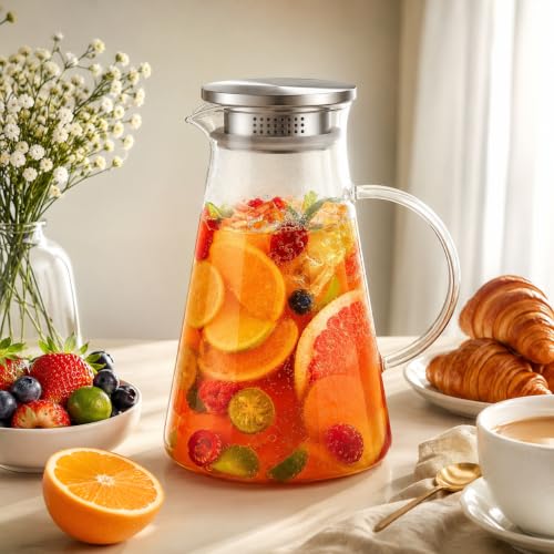 Image of Bellemax Premium Glass Water Jug - 1.8 LTR, Transparent, Hot Cold Water Pitcher with Stainless Steel Lid Water Jug, Iced Tea, Milk and Juice Beverage Carafe, Lemon Jug, 1800ML (TR-03)
