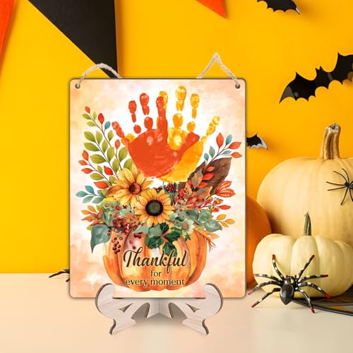 Image of Baby Handprint Craft Pumpkin Board, Thankful for Every Moment Fall Thanksgiving Baby Announcement Prop Sign, Kids Footprint Keepsake for Newborn Toddler, Autumn Baby Photo Prop, First Fall Nursery