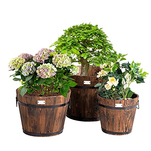 Giantex 3 Pieces Barrel Planter, Wood Bucket Raised Beds for Plants Herbs Veggies, Indoor Outdoor Decorative Planter Box with Drainage Holes 3 Sizes