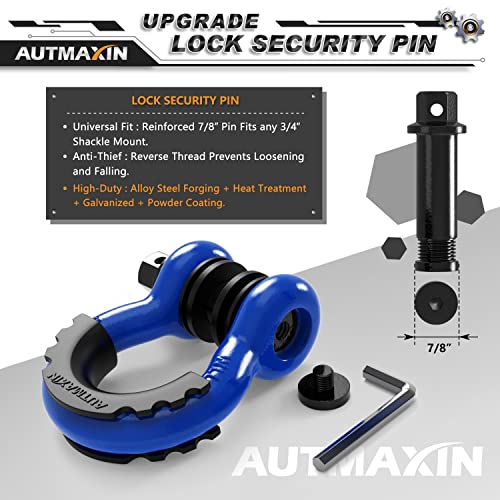 Autmaxin D Ring Shackles 3/4" Shackle (2 Pack) - 58,000Ibs Break Strength With 7/8" Anti-Loose Security Pin, Shackle Isolator Washer Kits For Tow Strap Winch Off-Road Vehicle Recovery, Blue & Black #TOP1
