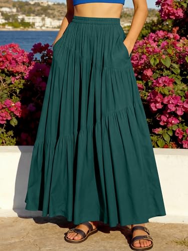 Image of ANRABESS Women's Boho Elastic High Waist Pleated A-Line Flowy Swing Asymmetric Tiered Maxi Long Skirt Dress with Pockets