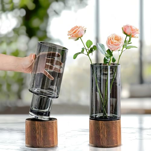 Arcanix Jarron de Cristal Decorativo Moderno - Florero Grande y Alto con Macetero de Madera para Mesa de Salon, Jarron para Decoracion del Comedor y Suelo del Hogar, Glass Vase for Flowers