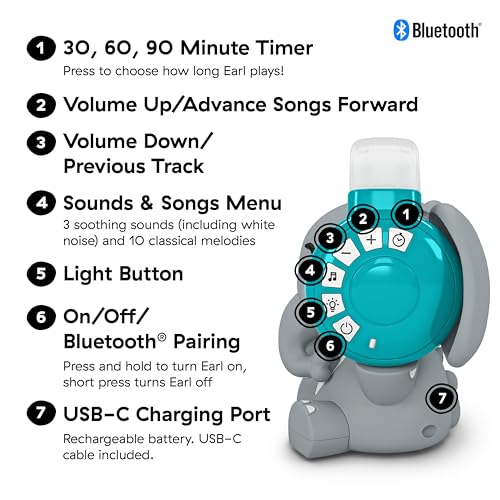 Image of Baby Einstein Earl The Elephant Bluetooth Soother Sound Machine for Sleep, Stream Music and Color-Changing Night Light, Infant to Toddler