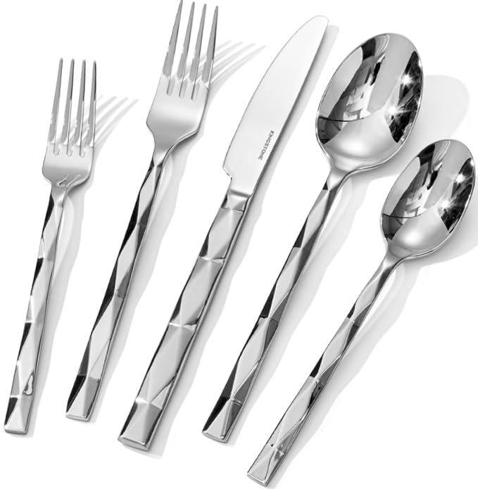 Muorruo 10-teiliges Silberbesteck-Set, luxuriöses Besteck-Set für 2, Edelstahl-Besteck-Set mit Diamantschliff-Muster für Zuhause, Hochzeit, Party,...