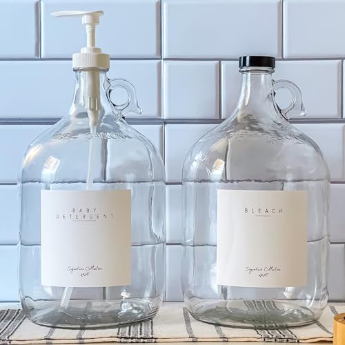 Image of Laundry Detergent Dispenser for Laundry Room - Two One Gallon Glass Jugs with White Liquid Pumps, Fabric Softener, Liquid Soap Dispenser or Bleach, 128 oz - Includes 4 Labels