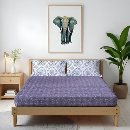 Image of Arvind Bedsheet Set - 100% Cotton Bedsheet for Double Bed (1 King Size Bedsheet with 2 Pillow Covers) Soft Breathable, 144 Thread Count - Slumber -Shade 12 (21022-B) | Natural