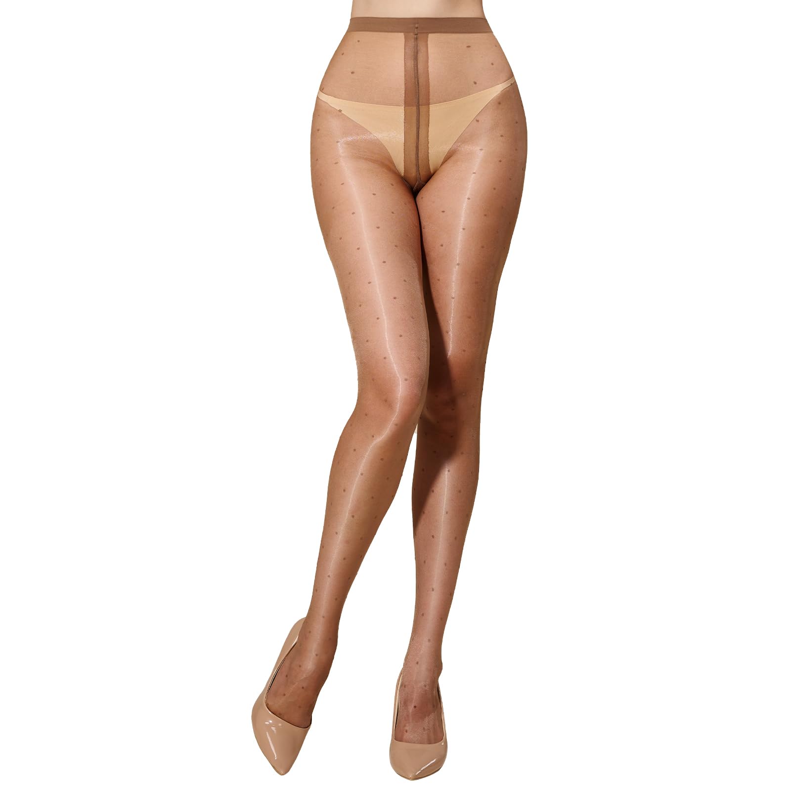 MANZI 20 Denier Fashion Brown Polka Dot Patterned Tights Oil Shiny Ultra Sheer Gloss Pantyhose for Women S-M
