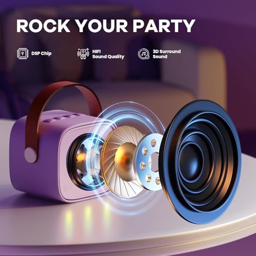 Image of YLL Upgraded Mini Karaoke Machine with 4 Wireless Microphones Toy for Kids, Birthday Gifts for Girls Boys, Portable MP3 Player for Ages 3, 4, 5, 6, 7, 8, 9, 10, 11, 12+ Year Old Party (Purple)