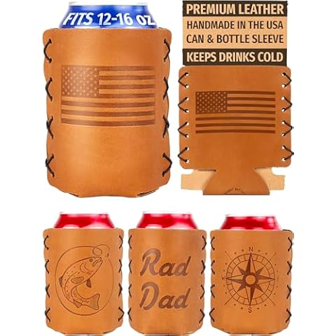 Oowee Genuine Leather Can Holder Sleeve | Fits 12 to 16 Ounce Cans, Great for Soda, Beer and Seltzer | Great Gift for Men and Women, Made in the USA - American Flag Cover
