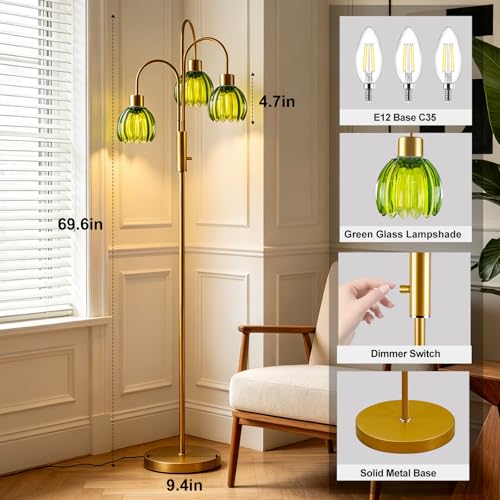 Image of 3-Light Glass Floor Lamp, 70 inch Gold Dimmable Standing Tall Lamp with Green Glass Shades &3PCS 3000K Warm White Bulbs for Wedding /Party, Modern Tree Pole Lamp for Living Room Bedroom Home Office Corner