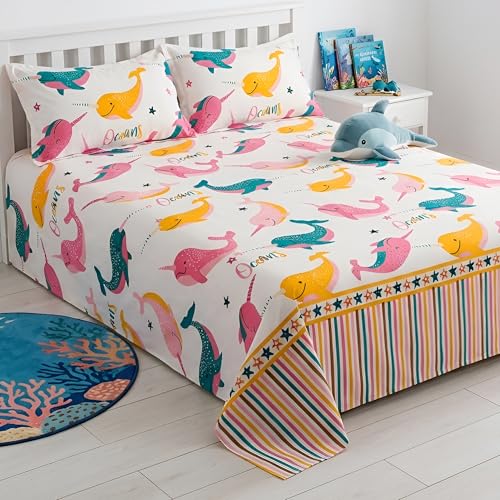 Image of Story@Home Kids Double Bed Bedsheet Set - 180 TC Cotton Blend, Bubbly Buddies Design in Baby Pink & Yellow- 225 x 250 cm with 2 Pillow Covers - Soft Bedding for Boys & Girls | Kids Bedsheet for Double