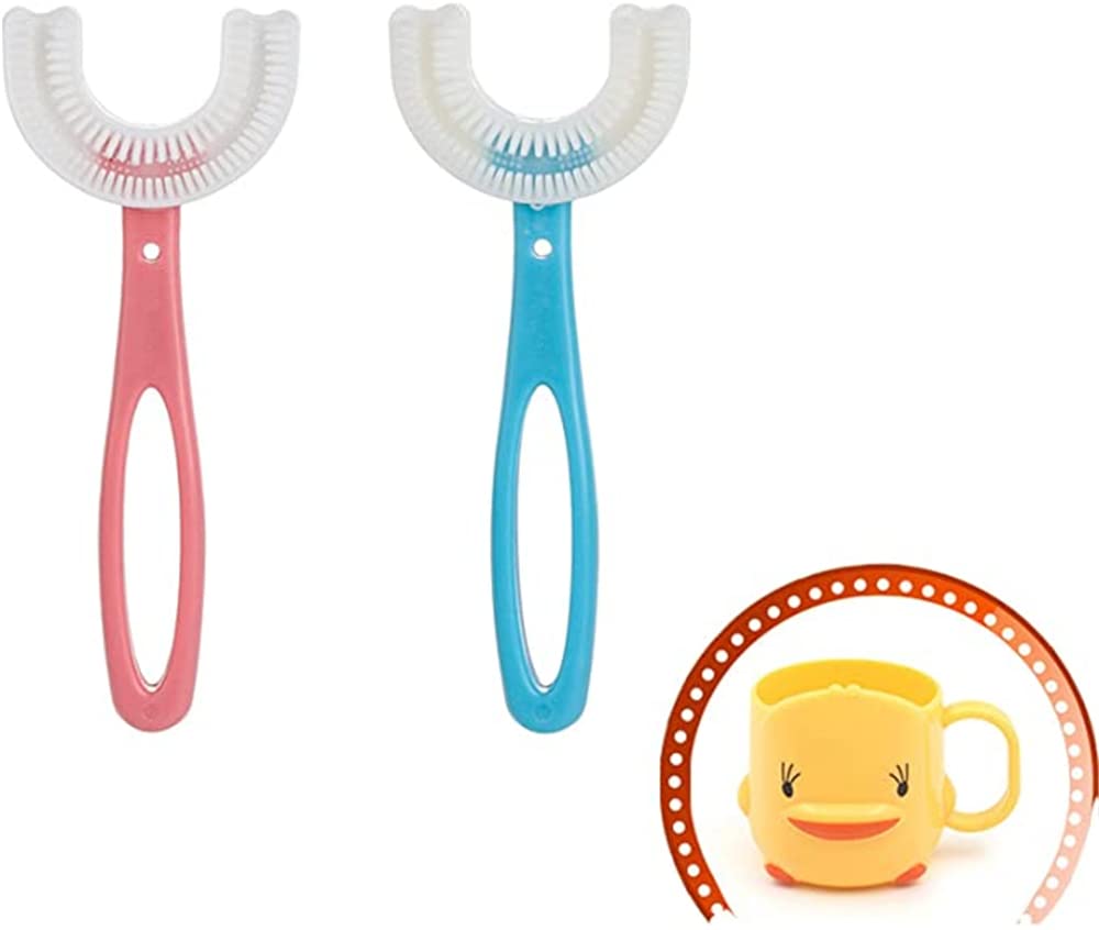 U-Shaped Toothbrush, ELECDON 2 Pcs U-Shaped Toothbrush for Kids(6-12Year), with a Toothbrushing Cup, U Shape Portable Baby Silicone Toothbrush ​for Childrens Special Design for Toddlers