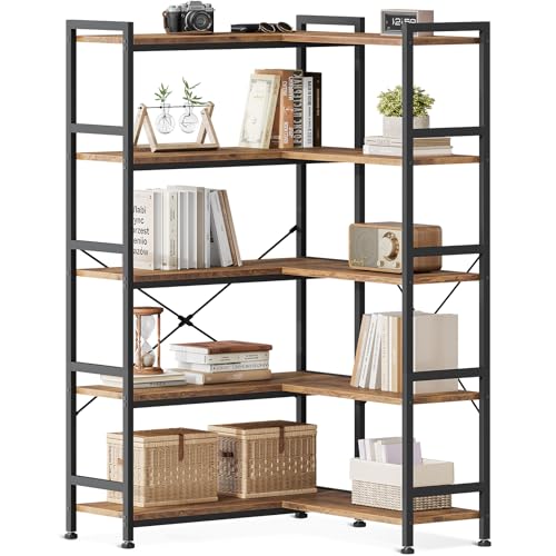 Casaottima Corner Book Shelf, 5 Tier Reversible Bookshelf for Living Room, Industrial Wooden Bookcase with Open Shelves and Metal Frame for Bedroom, Home Office, Kitchen, Vintage