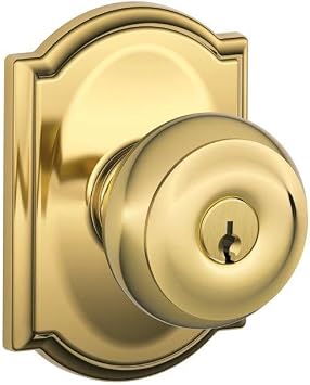 SCHLAGE Georgian Keyed Entry Door Knob, Interior/Exterior, Bright Brass | Keyed entry door knob with turn-button lock, Easy to install, Certified security & durability, Universal fit, 2 keys