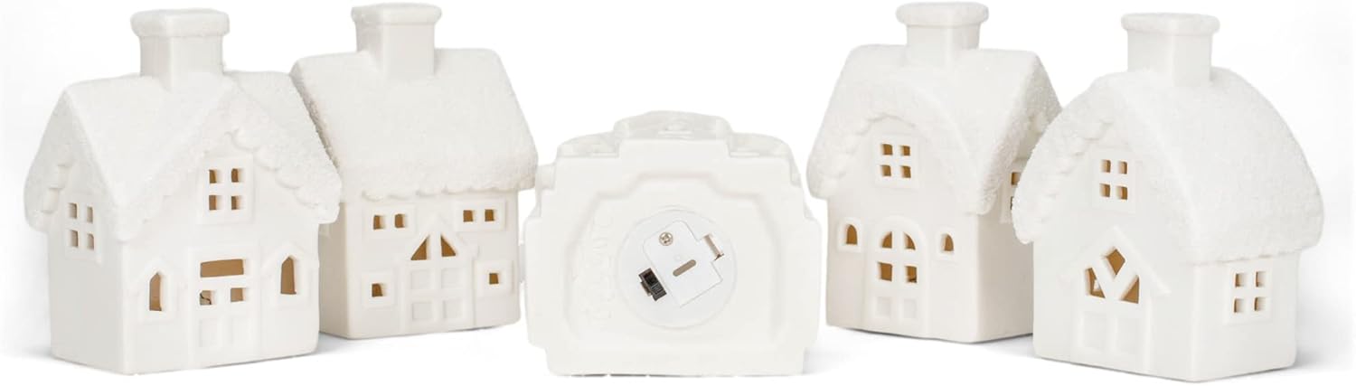 Mark Feldstein & Associates Winter Village with Barn White Unglazed Porcelain Holiday Pre Lit LED Figurines, Set of 11, 5 Inch