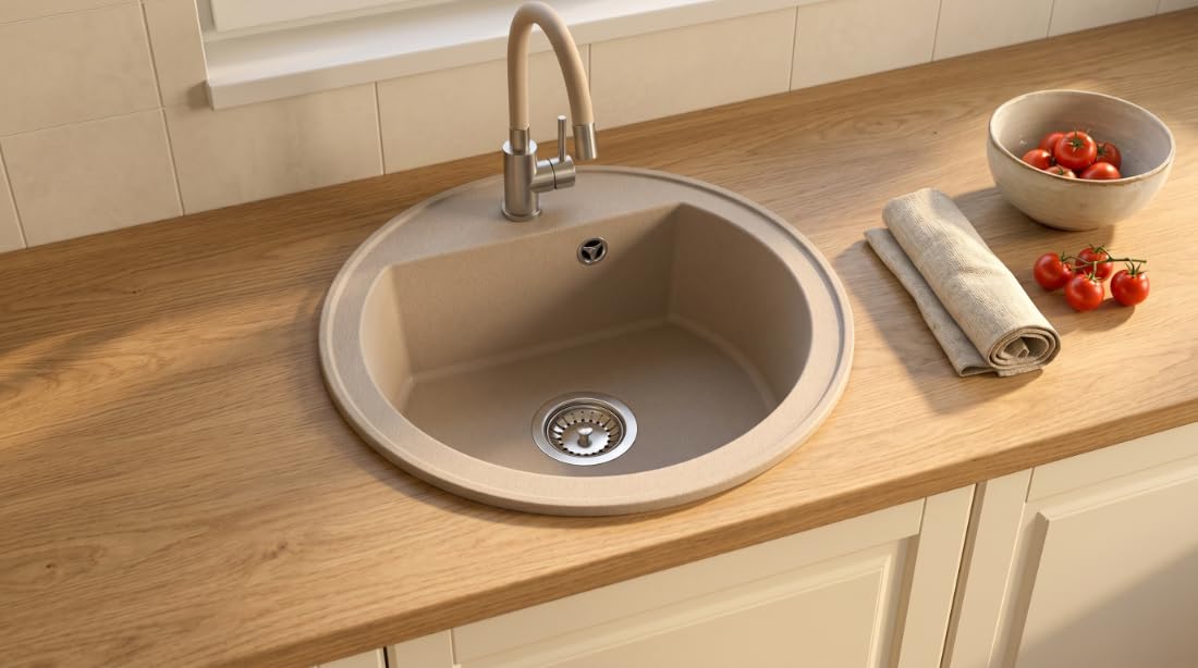 Fregadero DIGIT Una Cubeta Rund Fregadero De Granito Ø51 cm Beige, Fregadero De Cocina De Diseño Elegante Con Sifón, Rebosadero, Fácil De Limpiar, Resistente A Los Arañazos