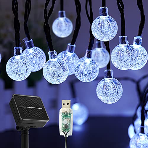 Huifengjie Cadena de luces solares para exterior, 50 ledes, 8 modos, bolas de cristal solar impermeables para exterior e interior, conector USB adicional,iluminación para terraza, fiestas (blanco) Cover