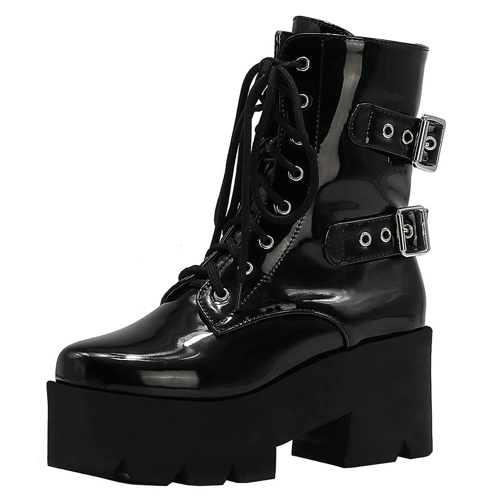LUXMAX Womens Gothic Ankle Boots Platform High Heel Lace Up Short Booties Punk Winter Shoes