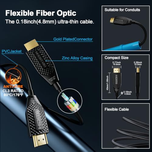 10k 8K Fiber Optic in-wall CL3 Rated HDMI Cable Long 30FT 48Gbps Certified High speed HDMI 2.1 Cord 8K@60Hz 4K@120Hz 10K@30Hz,HDCP 2.2/2.3 eARC HDR10 Dolby Compatible with PC TV Monitor Laptop PS4/PS5