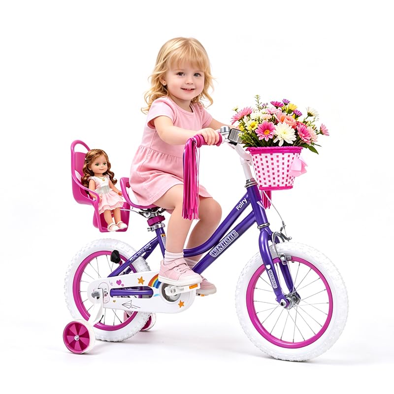 Image of WinHope Girls Bike with Doll Seat, 12 14 16 18 20 Inch Kids Bike for 2-12 | Dual Brake with Training Wheels / Kickstand & Streamers Birthday Gift for Toddler Outdoor Riding, Multiple Colors